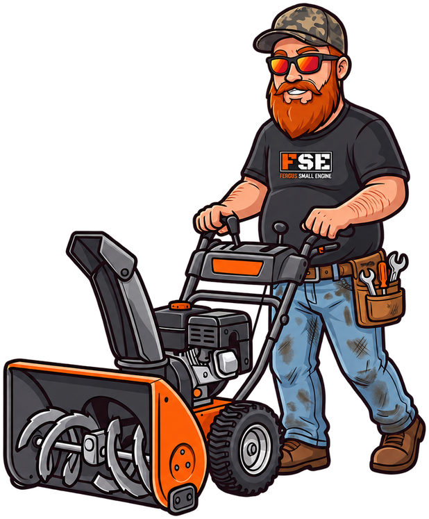 Chris, owner and lead mechanic at Fergus Small Engine, pushing a snow blower